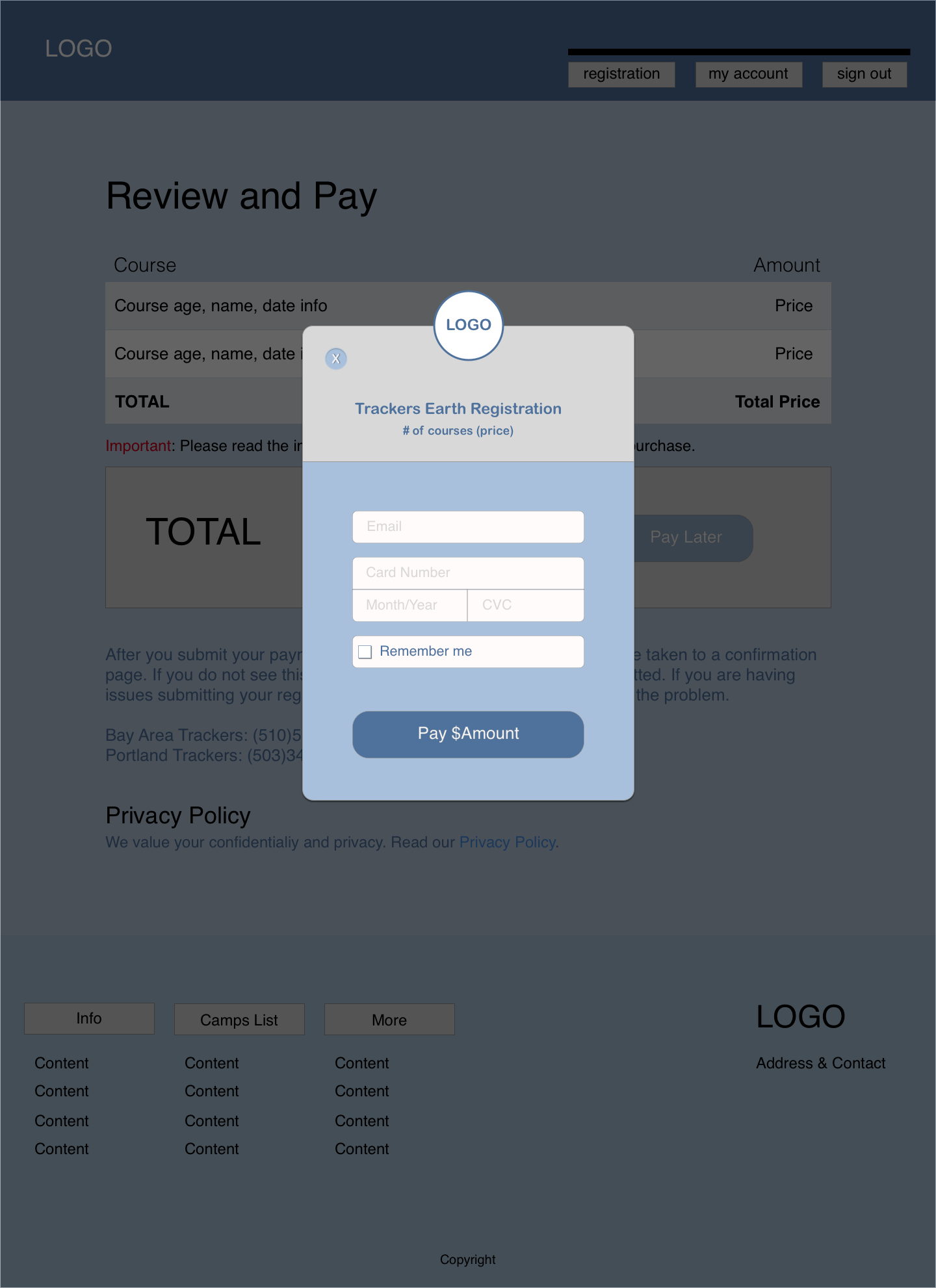 image of a blue, grey, white themed wireframe for the final payment page of the Trackers Earth website